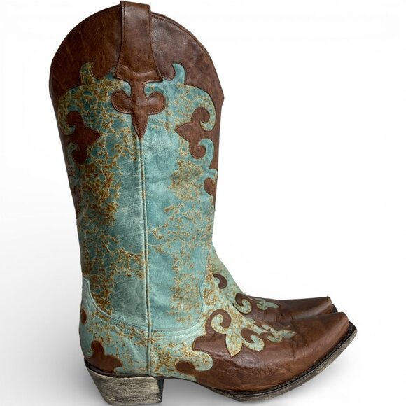 Lane Turquoise Brown Snip Toe Leather Cowboy Western Cowgirl Boots Women's 10.5 - Picture 2 of 13